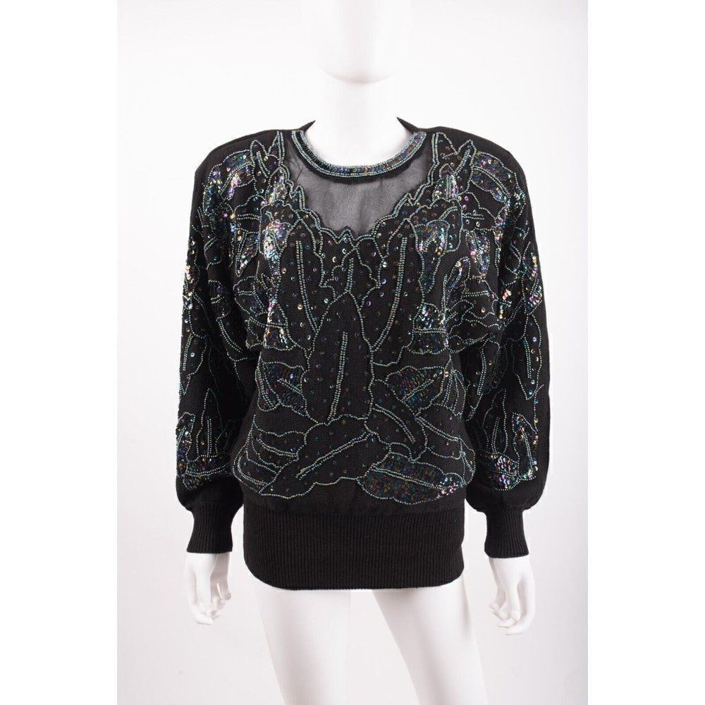 Vintage Priscilla Womans Iridescent Beaded Sequins Sweater Size M Black 80s